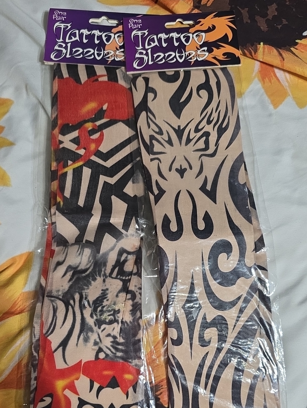 Printed Tattoo Sleeves - Beige & Black Tribal Design